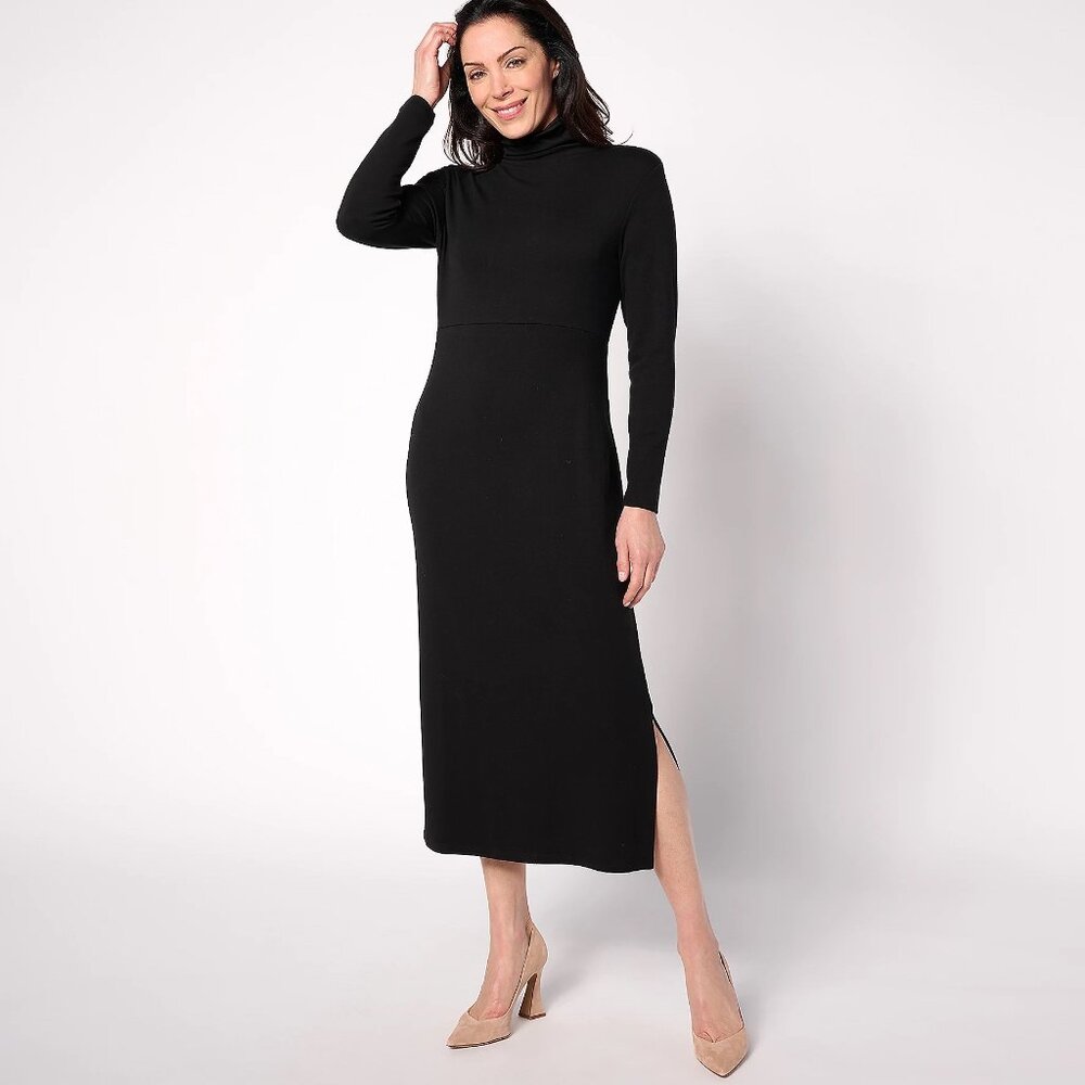 NWT Women With Control Jersey Midi Dress Tummy Control QVC Long Sleeve Black